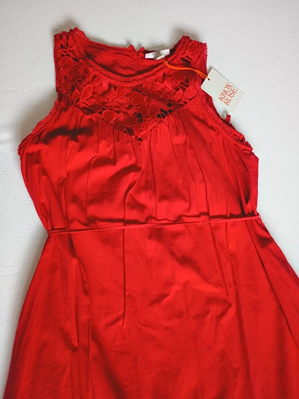 Knox Rose NWT Red Sleeveless Midi Dress Crochet Lace Yoke Tie Waist Small - Picture 4 of 13
